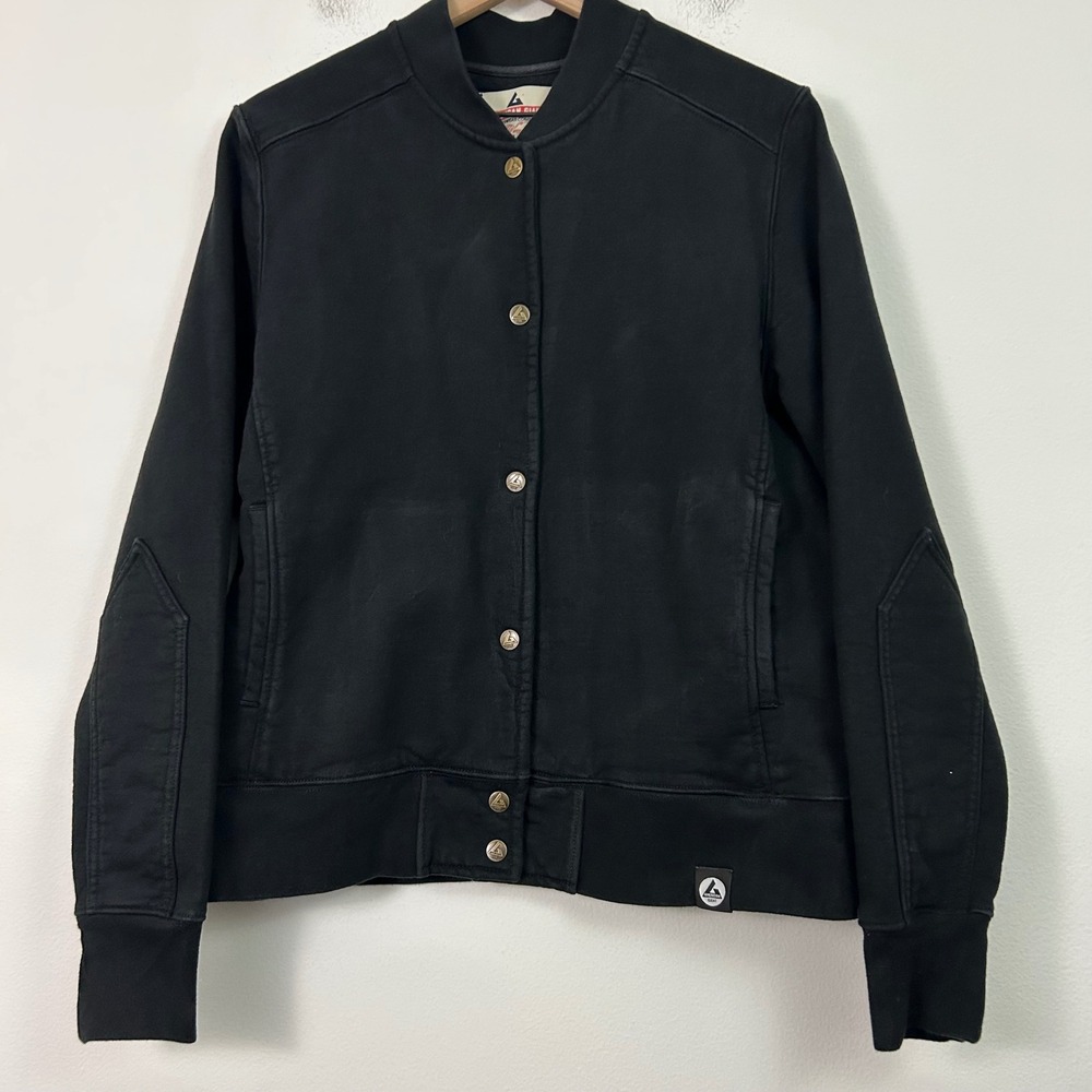 American Giant Womens XL Black Cotton Snap Front Bomber Jacket Elbow Patches USA